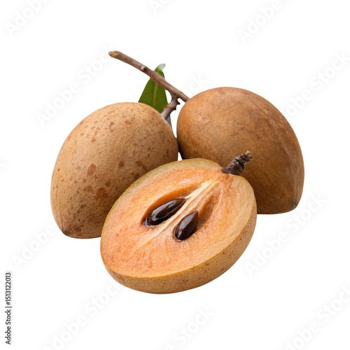 Fresh sapodilla fruits isolated on transparent background