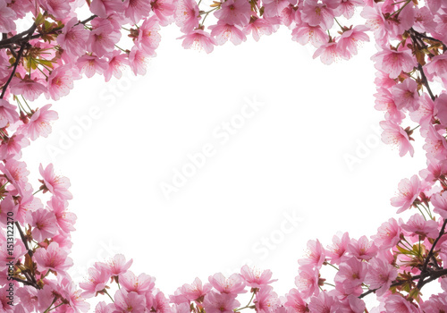 Pink cherry blossom flowers frame isolated on transparent background