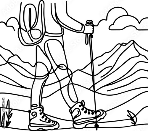 Hiker walking on mountain trail with trekking pole and backpack  