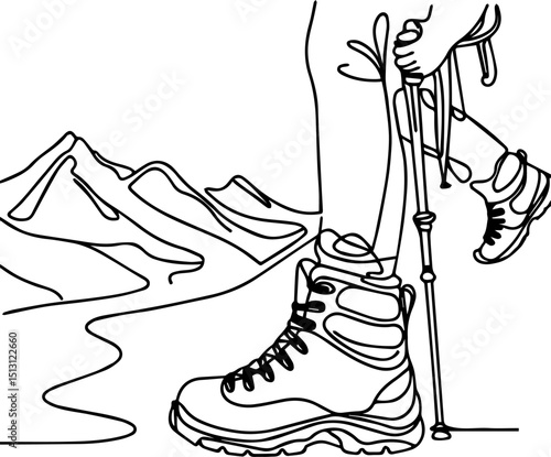 Hiker walking on mountain trail with trekking poles in nature  