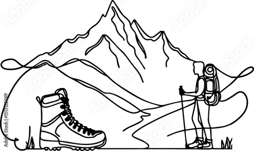 Hiker with backpack and trekking poles standing near mountains  