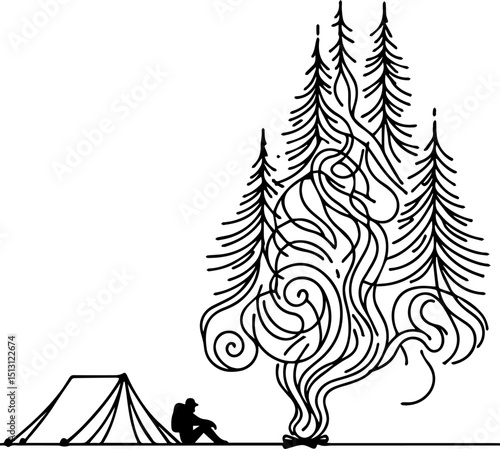 Campfire scene with tent and pine trees in minimalist line art  