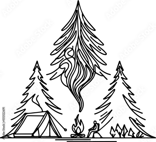 Outdoor camping scene with tent, fire, and pine trees illustration  