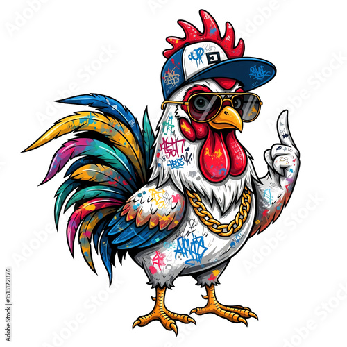 Stylish, graffiti-covered rooster in a backward baseball cap and sunglasses, wearing a gold chain, pointing up.