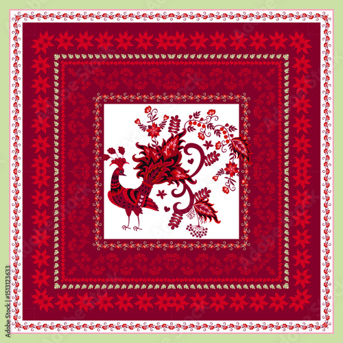 Fabulous bird, berries, leaves, tiny flowers, decorative borders with hearts and plant patterns in red, light green and white. Beautiful boho print on fabric for cushion, carpet, doily.