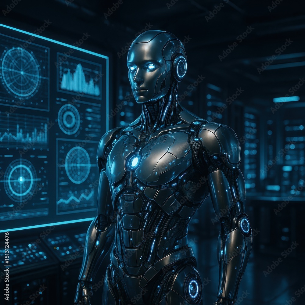Naklejka premium Advanced agentic AI standing in a high-tech control room filled with data displays and interactive screens