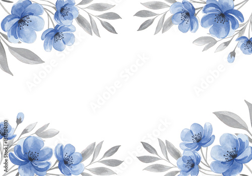Watercolor blue flowers and leaves frame isolated on transparent background, floral decoration for wedding invitation, card, or romantic design element