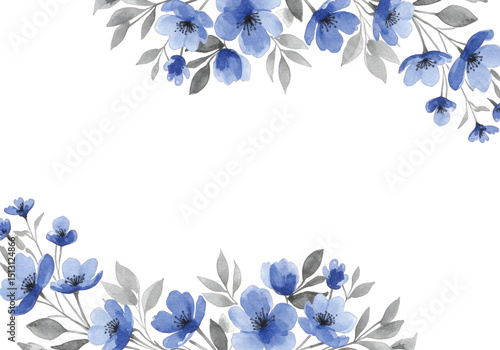Watercolor floral frame with blue flowers and gray leaves isolated on transparent background