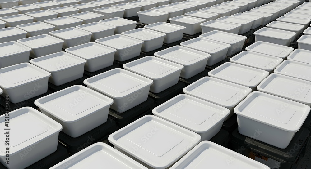 Obraz premium Many identical white plastic containers in grid pattern
