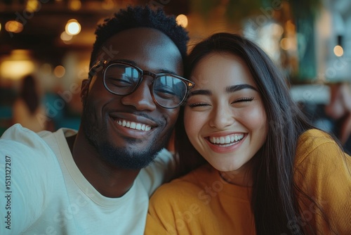 Happy mixed race friends taking selfie on mobile phone, laughing in modern cafe. Successful, emotional bloggers influencers streaming video online, using smartphone and internet, standing at