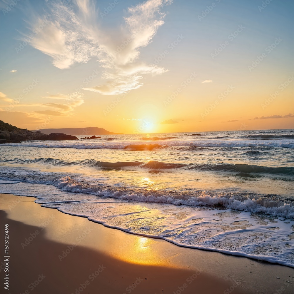 Obraz premium Sunset over ocean, waves, distant person with surfboard, hills