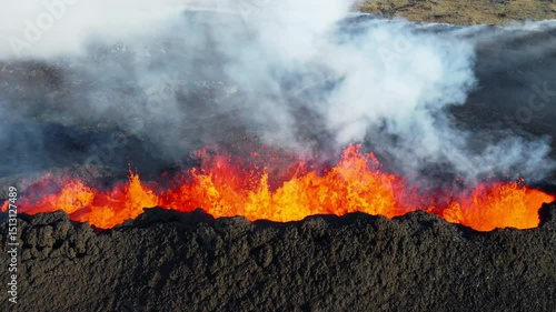 Volcano Eruption, Flowing Red Hot Lava Erupts from Crater, Incredible Natural Phenomena, Spectacular Dramatic Scenery in Iceland