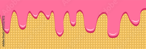 Pink strawberry cream melted waffle cone vector pattern. Ice cream waffle sweet liquid biscuit candy cartoon cream