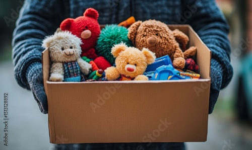 Close up of a man with a cardboard box full of toys to donate