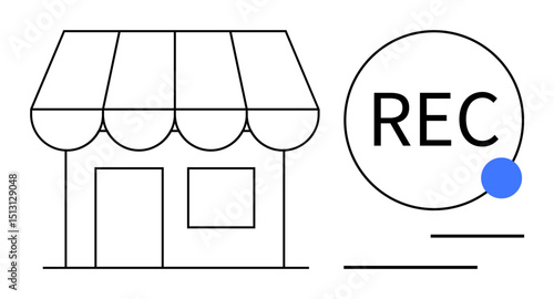 Outline of a shop with striped awning beside a circular record label. Ideal for retail, business monitoring, small enterprises, customer tracking, store management, sales analysis, flat simple