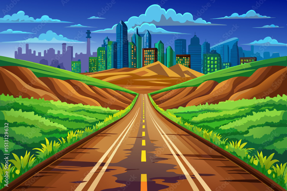 Fototapeta premium Amazing Straight empty road through the countryside on city background. Green hills, blue sky, meadow, Summer landscape vector illustration cartoon