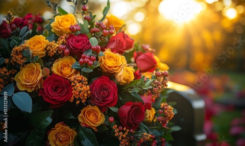 A bouquet of flowers on a grave the flowers are a mix of red orance and yellow and arranged in a cascade style. the sun is chining in the background,casting a warm ,golden light on scene