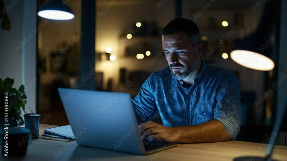 Focused professional working diligently on a laptop during a late night at home Focused professional working diligently on a laptop during a late night at home