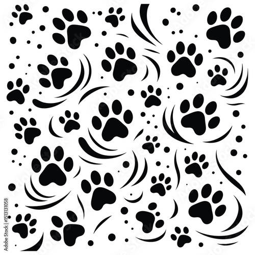 Seamless vector pattern of black and white cat paw prints, ideal for animal-themed design or wallpaper