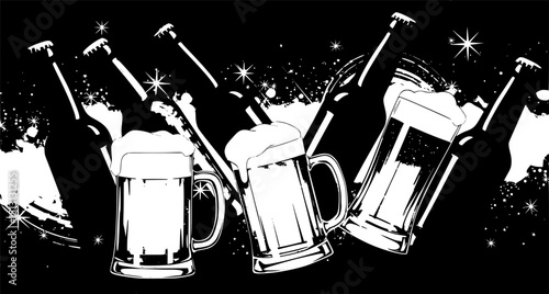 beer bottles, beer mugs, stars, sparkles
