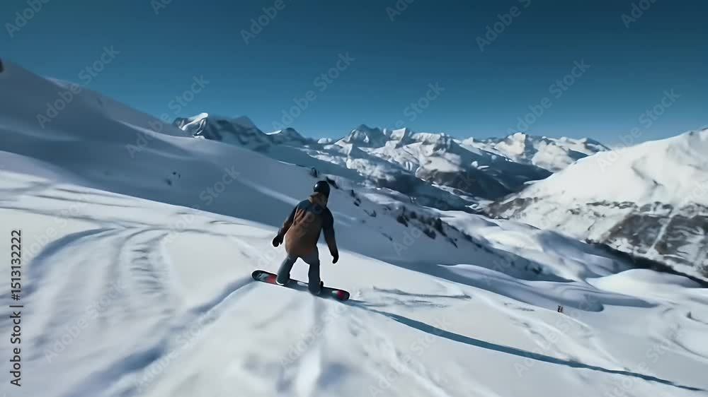 Snowboarder descending snowy mountain slope Snowboarder descending snowy mountain slope
