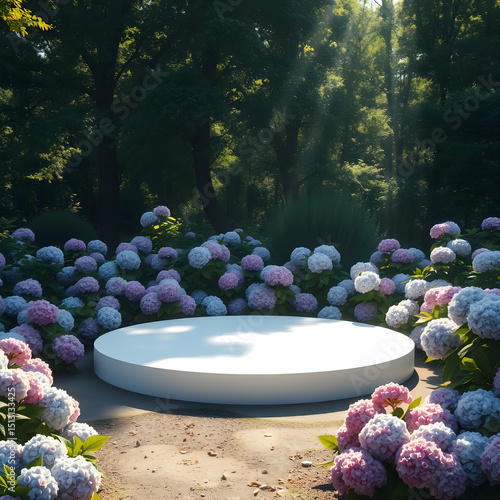 A serene garden scene featuring a white circular podium surrounded by blooming pink and white hydrangeas, bathed in soft sunlight filtering through the trees