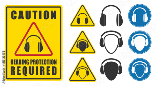 Hearing protection required ear muffs icon set. Ear safety sign, protective headphones symbol logo. Vector illustration image. Isolated on white background.