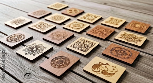 A charming collection of small, intricately engraved wooden cards arranged on a rustic wooden surface. Ideal for unique tags, labels, or place cards.