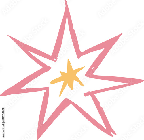 Hand Drawn Starburst Doodle Vector Element Icon in Pink and Yellow