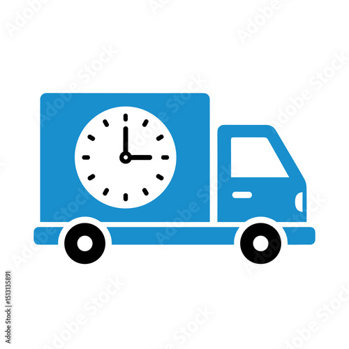 Delivery on time: A stylized delivery truck with a clock face. This graphic portrays time-sensitive transport, efficiency, and punctuality. 
