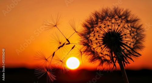 Canvastavla Evocative silhouette of a dandelion seed head dispersing its seeds in the breeze