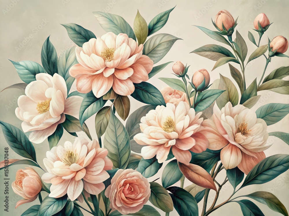 Peach Blossom Floral Pattern, Soft Peach Flowers, Dark Green Leaves, Light Background, Floral Design, Wallpaper, Fabric Print Peach Blossom Floral Pattern, Soft Peach Flowers, Dark Green Leaves, Light Background, Floral Design, Wallpaper, Fabric Print
