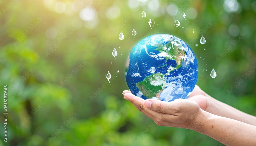Hands Holding Earth Globe with Energy Icons, Sustainability for Green Future Hands Holding Earth Globe with Energy Icons, Sustainability for Green Future