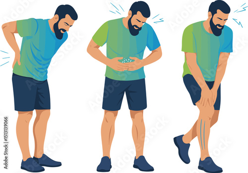 Man Experiencing Back Pain, Stomach Ache, and Leg Cramp Illustrated Pain Symptoms Concept for Health, Injury, and Medical Awareness in Full-Color Graphics