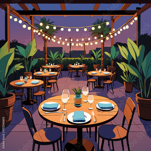 Romantic outdoor restaurant patio at sunset