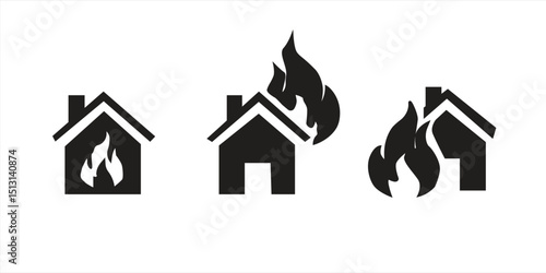 house fire icon set, isolated on white background, vector illustration.