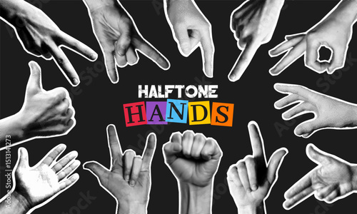 Trendy set of human hand gesture with retro halftone and photocopy grain effect. Y2k collage of woman finger point, touch, thumb or dot arm as torn paper sticker with doodle grunge paint brush texture
