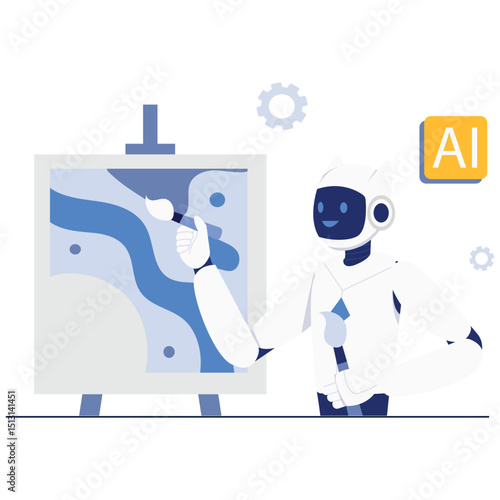 A smiling AI robot shows approval in front of a colorful digital painting created with smart tools.