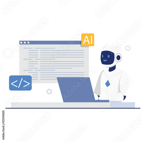An AI robot helps write code lines using a smart development interface.