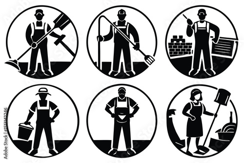 Professional Cleaning Service Icons Janitor, Maid, Handyman, Worker Illustrations