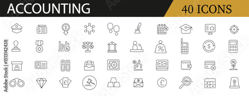 Accounting related icon collections. Containing finance, tax, audit, ledger, budget, invoice, money, report, bookkeeping, and balance icons. Editable Stroke. Outline icons.