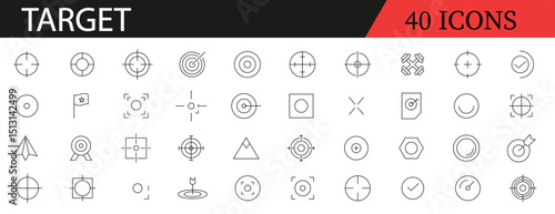 Target related icon collections. Containing Goal, Aim, Focus, Objective, Strategy, Bullseye, Mission, Success, Planning, and Achievement icons. Editable Stroke. Outline icons.