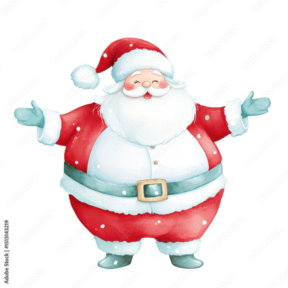 Obraz premium Jolly Santa: A cheerful watercolor illustration of a jolly Santa Claus with outstretched arms, spreading the festive cheer of Christmas.
