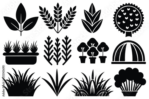 Gardening Icons Black Silhouettes of Plants, Herbs, and Agriculture
