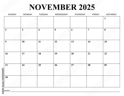 Monthly Calendar November 2025 Vector Design