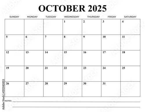 Monthly Calendar October 2025 Vector Design