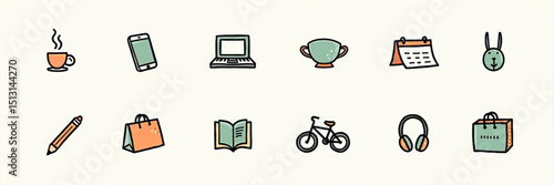 Stylish vector icons set for Adobe Stock. Includes coffee cups, phones, laptops, calendars, and bicycles. Perfect for modern designs, productivity tools, lifestyle graphics, and branding. 