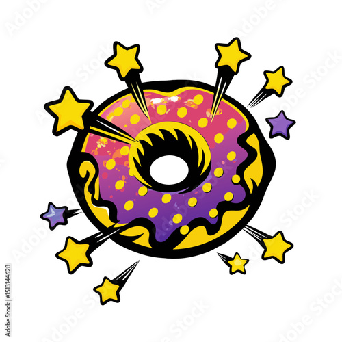 Colorful donut with stars in pop art comic style on transparent background  
