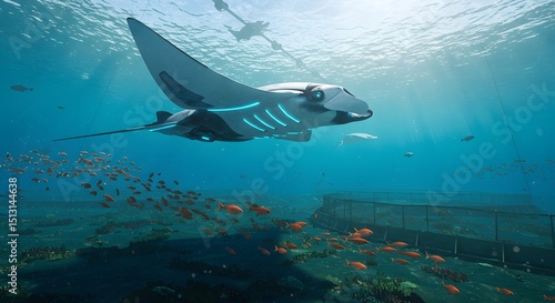 Futuristic Underwater Robot Manta Ray Exploring Ocean Depths near Fish Farm