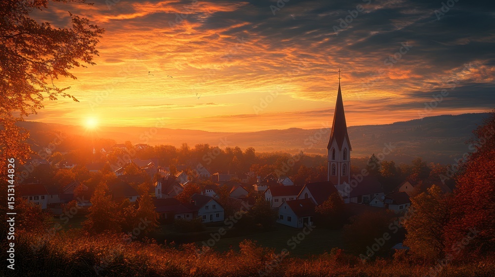 Fototapeta premium Picturesque village nestled under a vibrant sunset with a striking church spire